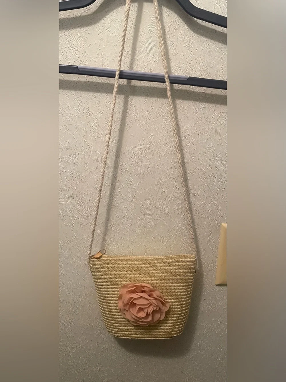 Woven Crossbody Bag with Pink Flower